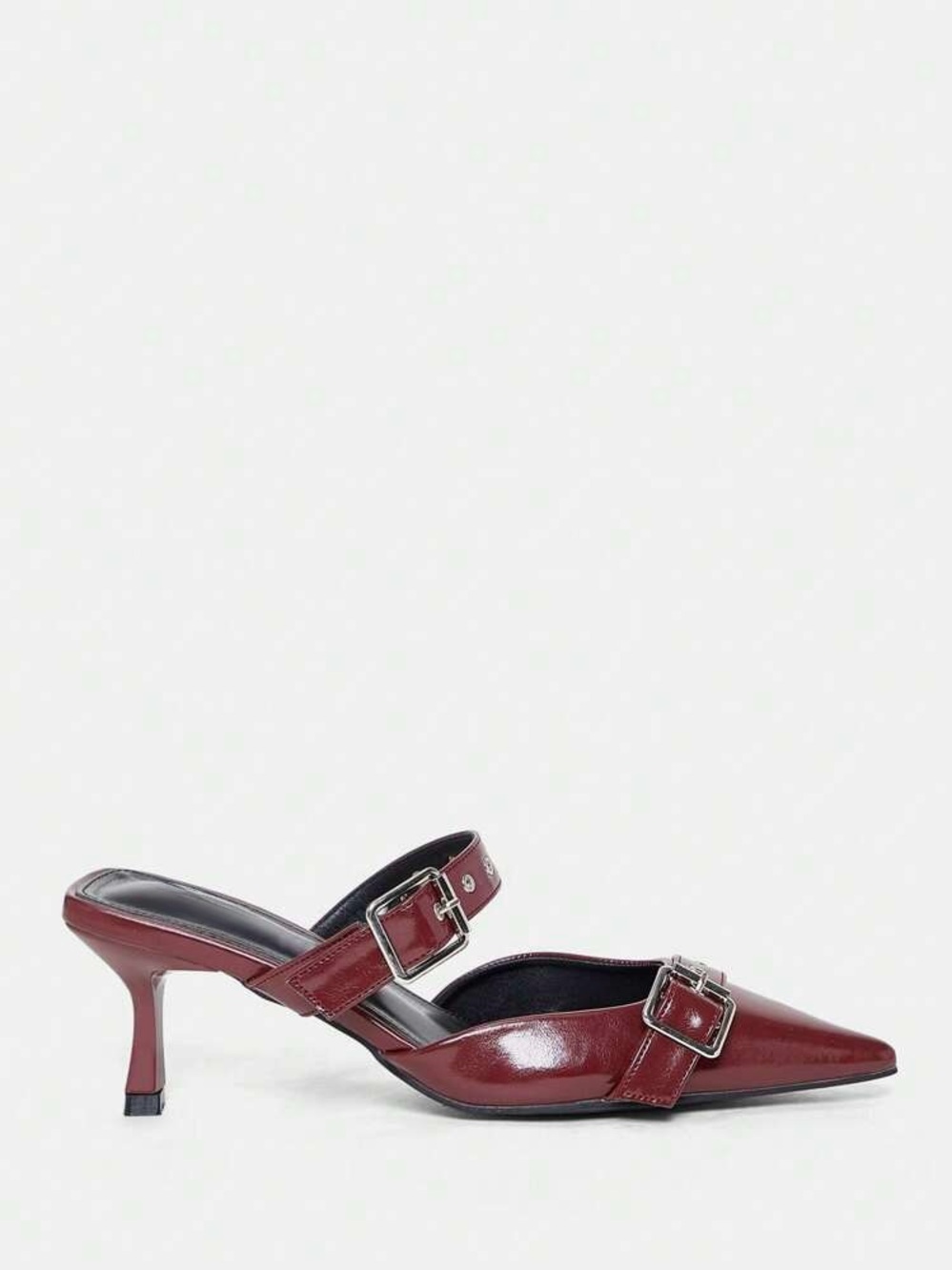 Faux leather Pointed toe double Buckle Mule heels Burgundy maroon - Picture 3 of 5